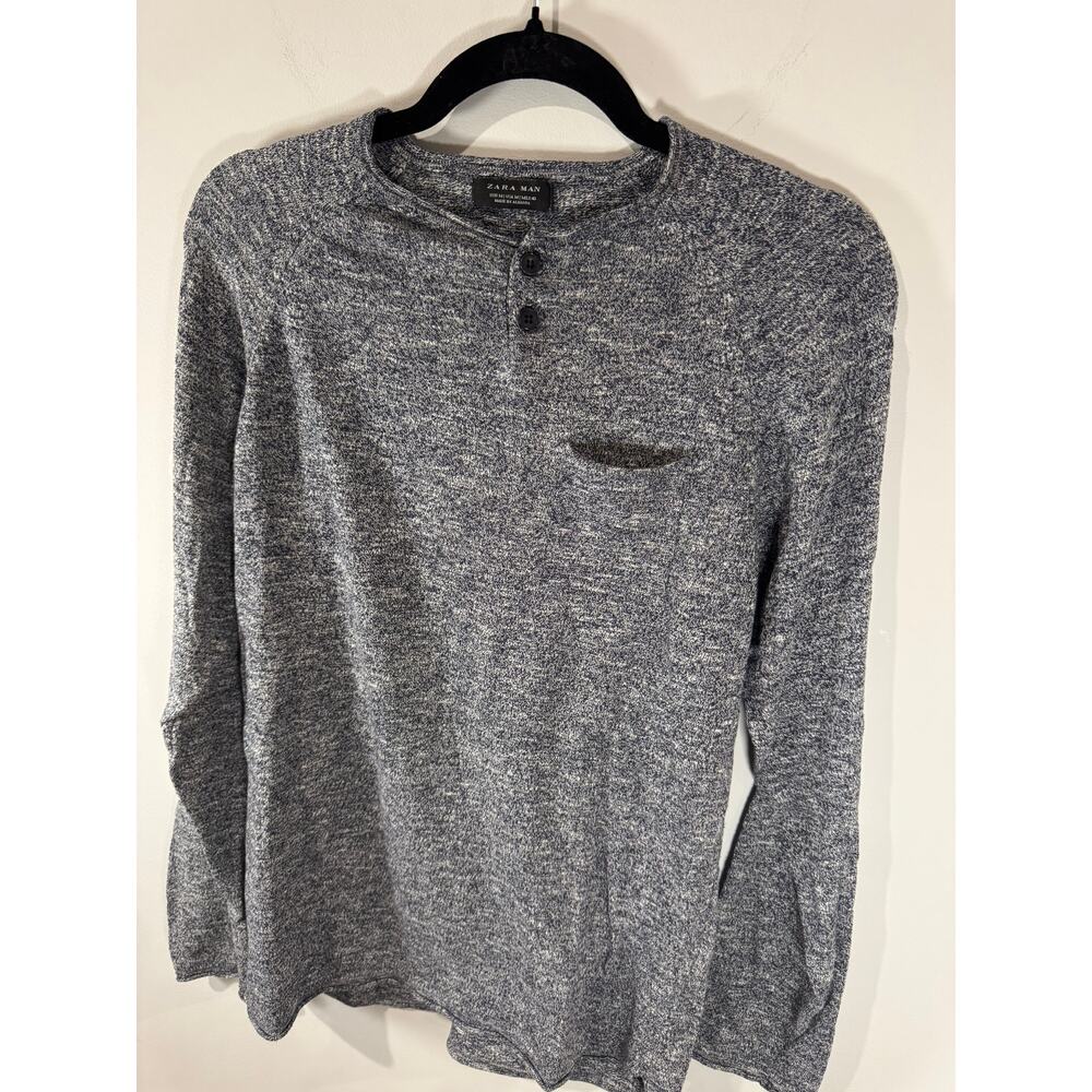 ZARA Man Heathered Blue Long Sleeve Henley Shirt Size M – Soft Knit Casual Top